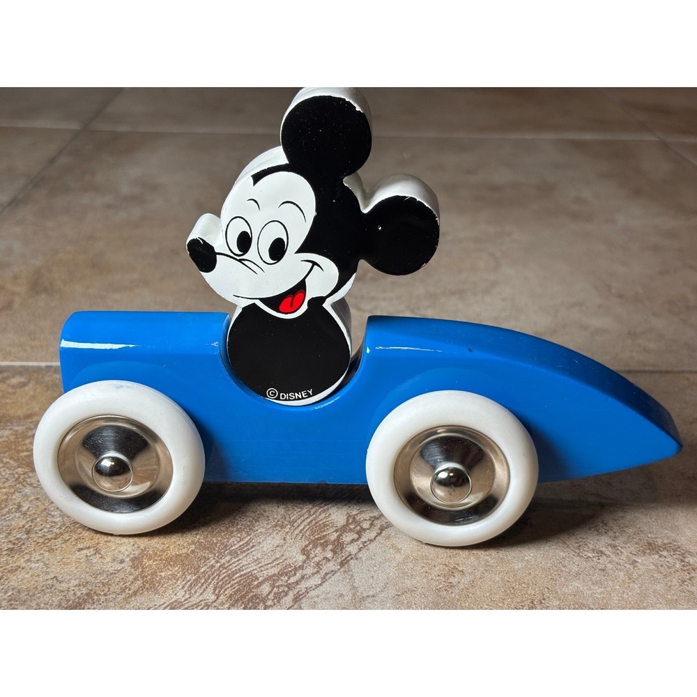 Disney Mickey Mouse Wooden Race Car Blue Roadster Rolling Collectible Toy